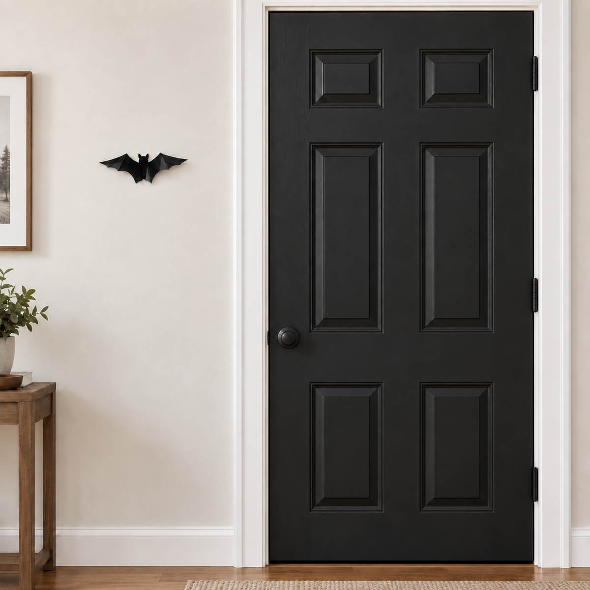 Single 12-inch 3D bat beside a standard 36-inch interior door in daylight