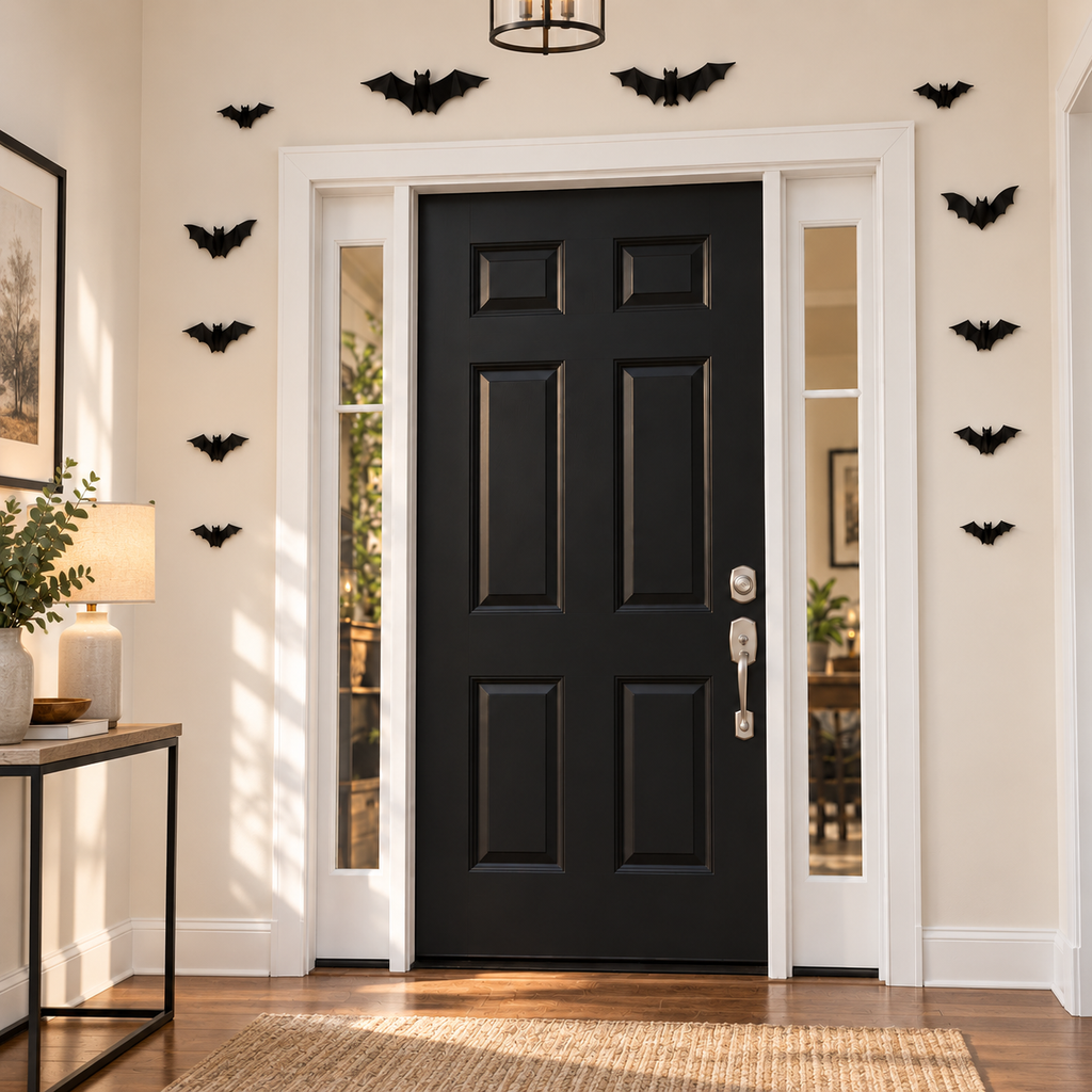 One complete 12-piece 3D bat set displayed inside a home entryway in daylight