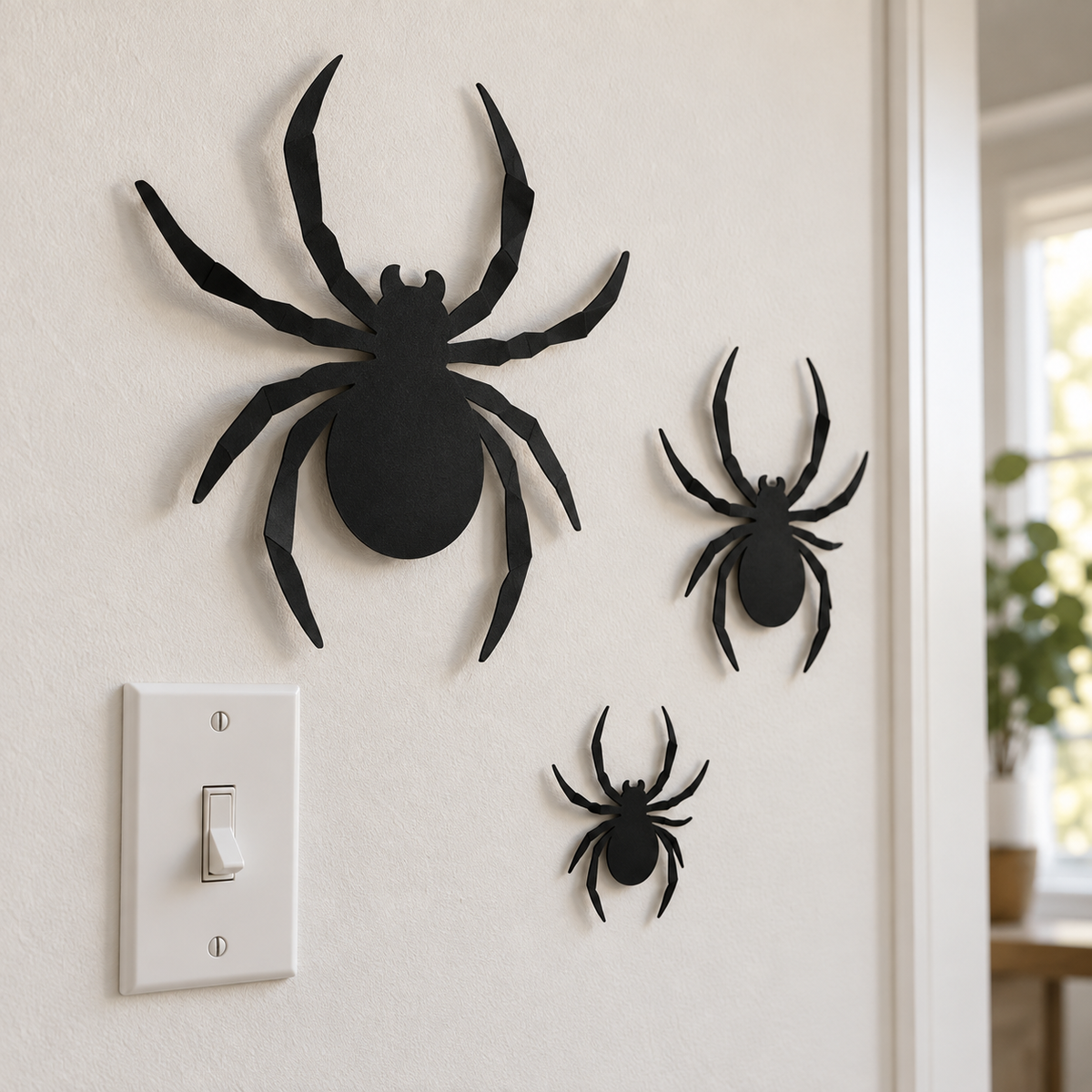 Close-up showing the folded 3D shape and scale of black spider wall decorations