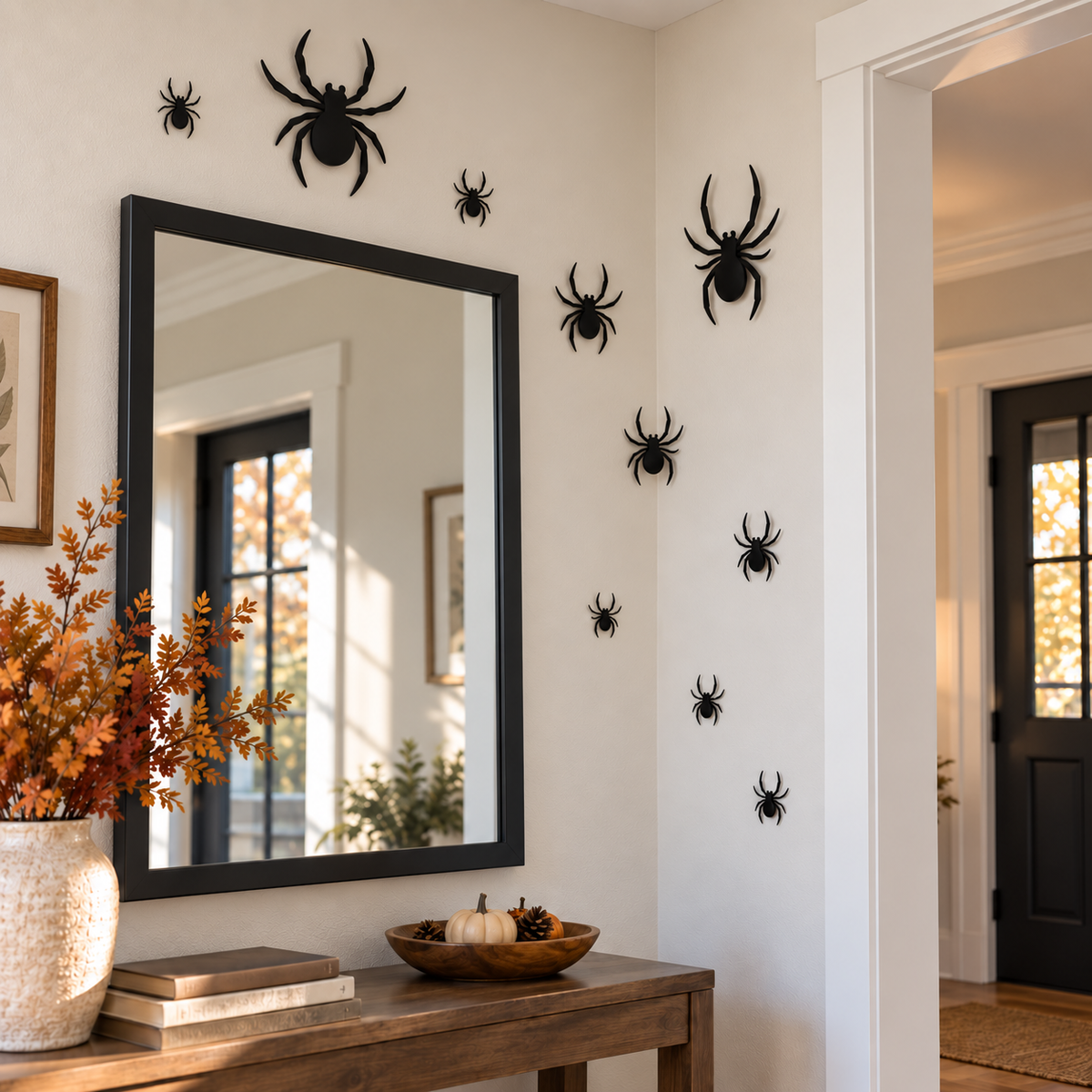 Complete 10-piece spider display in daylight around an indoor hallway mirror