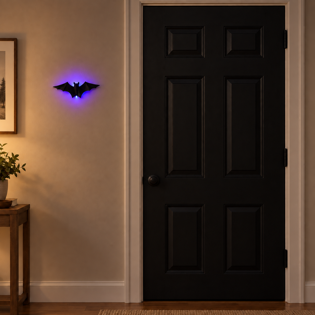 Single 12-inch 3D LED bat glowing beside a standard 36-inch interior door