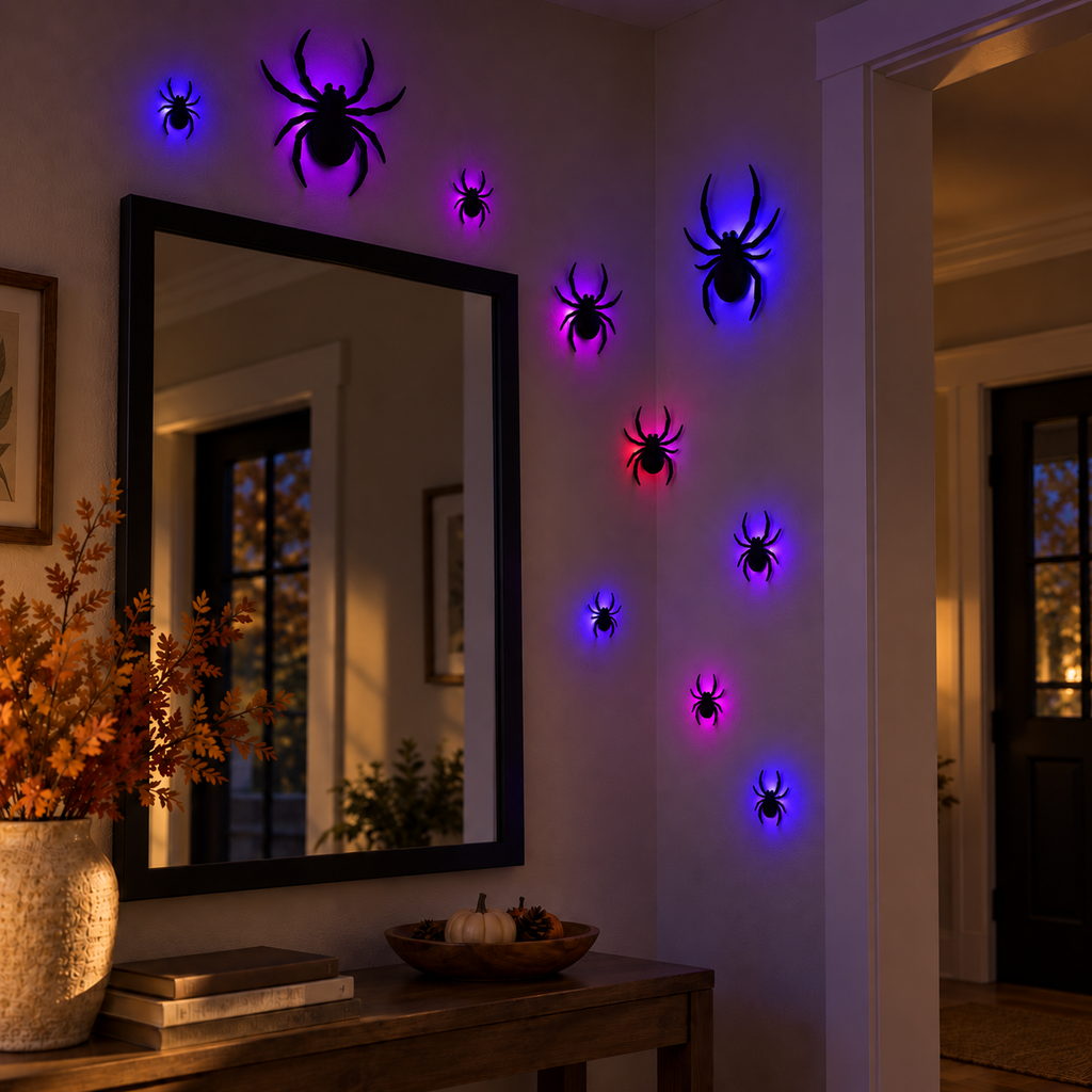 One complete 10-piece LED spider set glowing around a hallway mirror at night